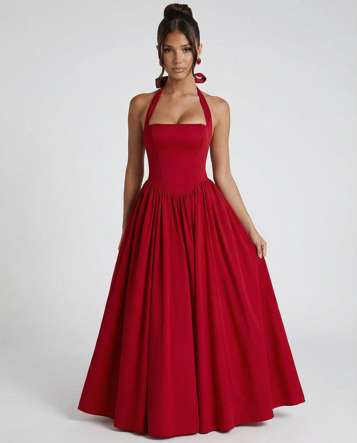 Fayereth | Women's Wedding Guest Elegant Midi Halter Neck Lace-Up Back Dress Dresses — Red
