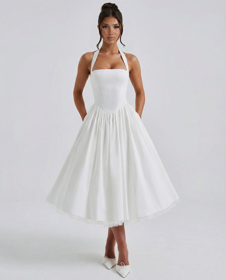 Fayereth | Women's Wedding Guest Elegant Midi Halter Neck Lace-Up Back Dress Dresses — White