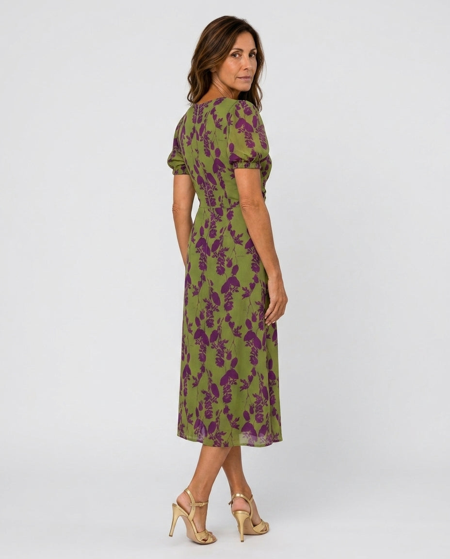 Fayeria | Women's Denim High-Waist Short Sleeve Floral V-Neck Midi Dress — 2