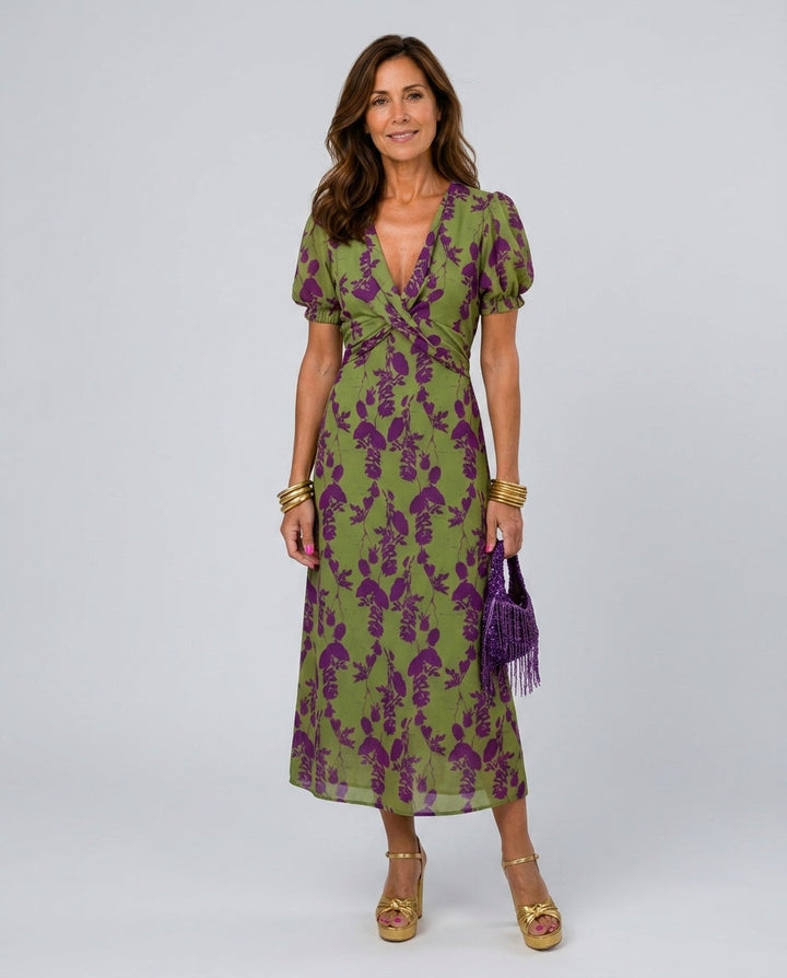 Fayeria | Women's Denim High-Waist Short Sleeve Floral V-Neck Midi Dress — Green
