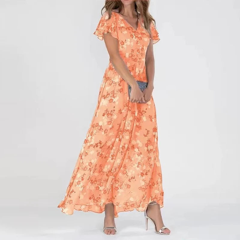 Woman wearing a graceful midi dress in a simple studio setting.