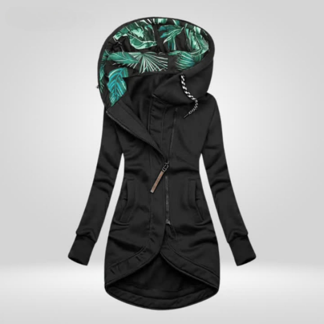 Fenana | Women's Synthetic Jacket with Hood and Asymmetrical Zip — Black