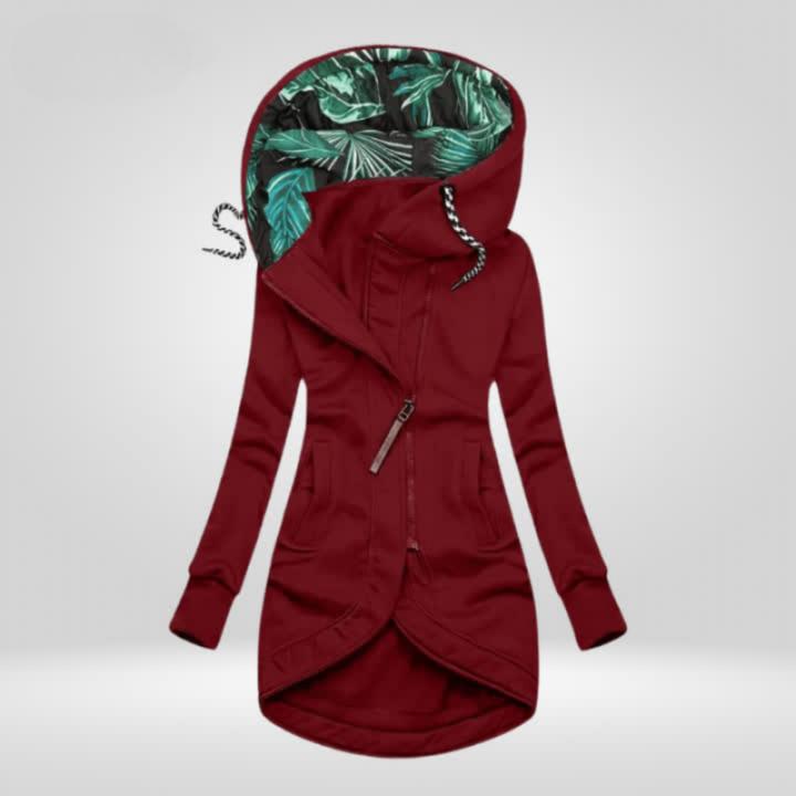 Fenana | Women's Synthetic Jacket with Hood and Asymmetrical Zip — Burgundy