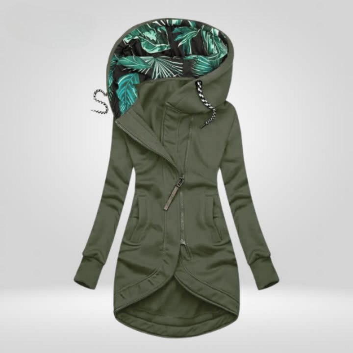 Fenana | Women's Synthetic Jacket with Hood and Asymmetrical Zip — Green