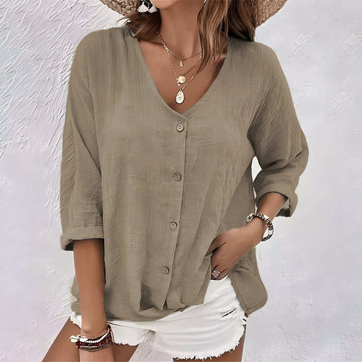 Fenbelle | Women's Linen Casual Relaxed Button-Up Blouse — Khaki
