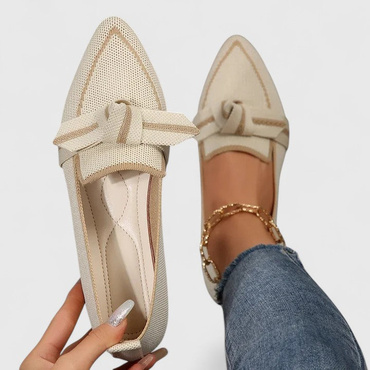 Fencine | Women's Orthopedic Comfort Pointed Toe Slip-On Flat Loafers with Knot Detail — Beige