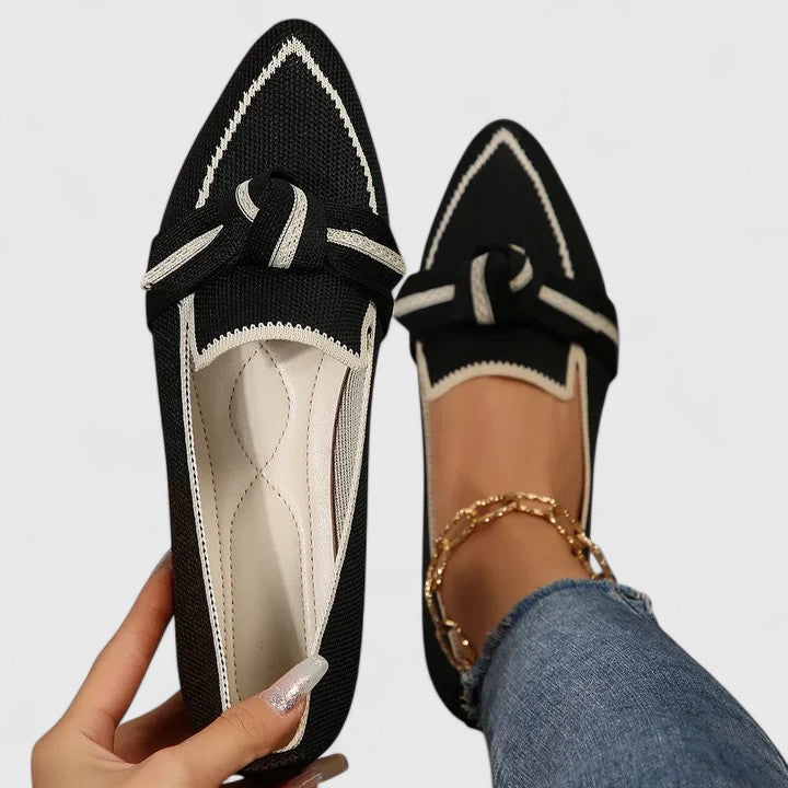 Fencine | Women's Orthopedic Comfort Pointed Toe Slip-On Flat Loafers with Knot Detail — Black