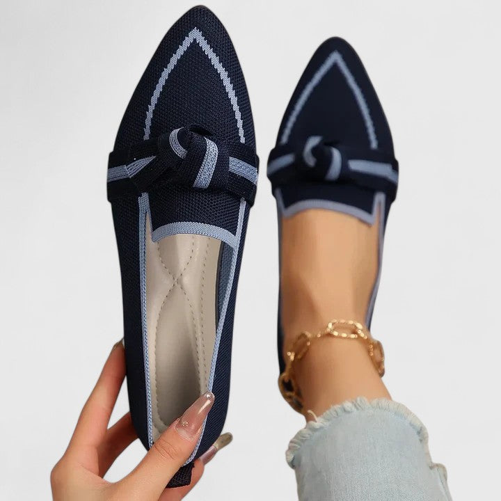 Fencine | Women's Orthopedic Comfort Pointed Toe Slip-On Flat Loafers with Knot Detail — Dark Blue