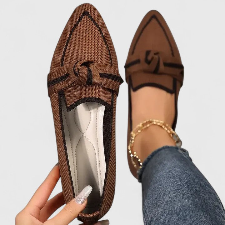 Fencine | Women's Orthopedic Comfort Pointed Toe Slip-On Flat Loafers with Knot Detail — Khaki
