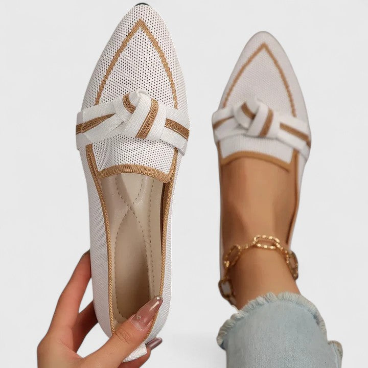 Fencine | Women's Orthopedic Comfort Pointed Toe Slip-On Flat Loafers with Knot Detail — White