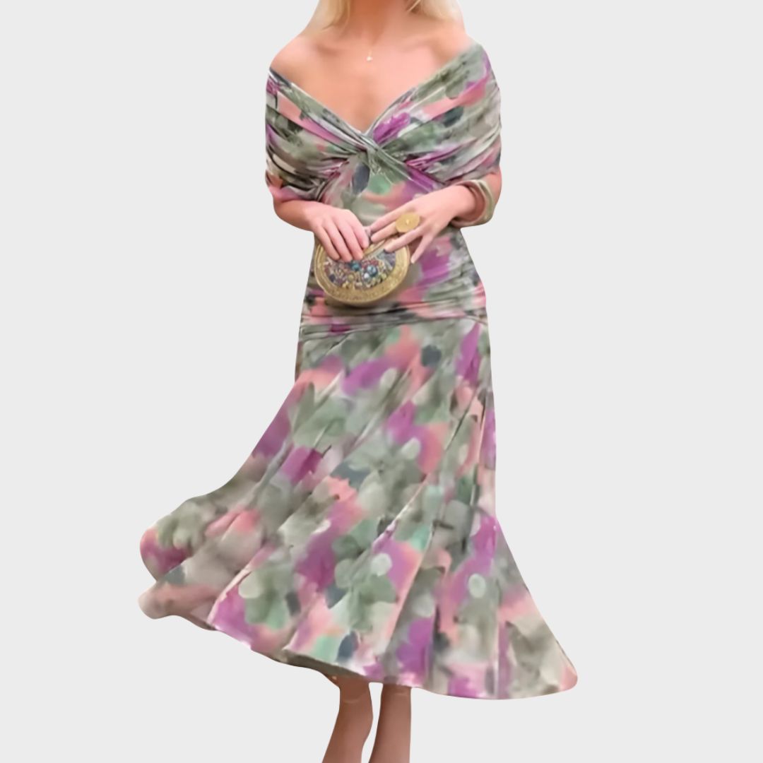 Feneen | Women's Elegant Off-Shoulder Ruched Floral Midi Dress — 1