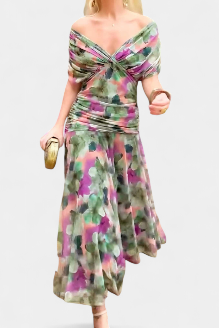 Feneen | Women's Elegant Off-Shoulder Ruched Floral Midi Dress — 2