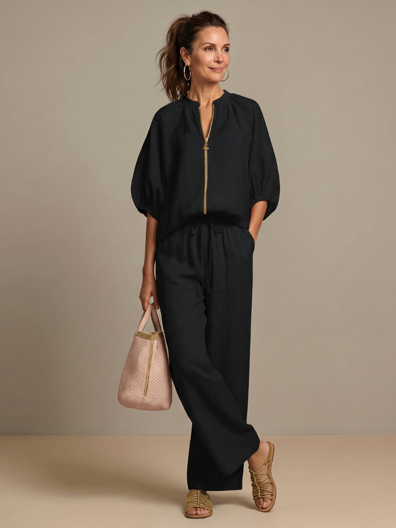 Fenndessa | Women's Linen Blend Zip-Front Top & Wide-Leg Pants Set