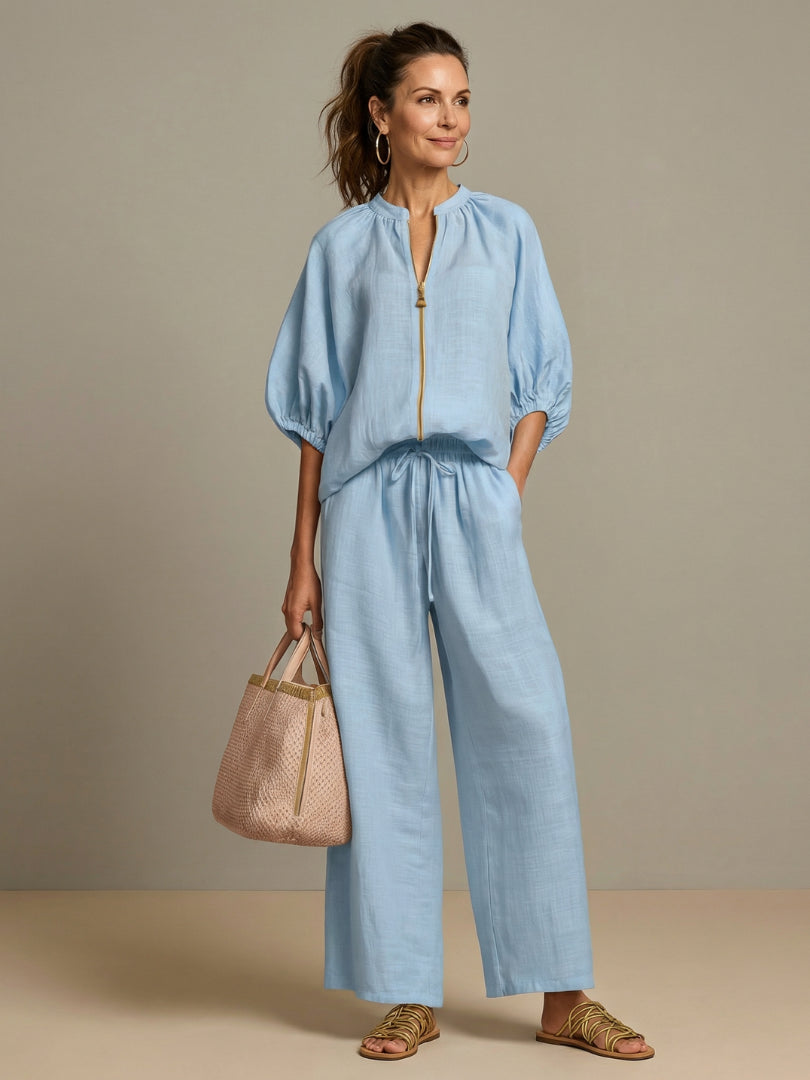 Fenndessa | Women's Linen Blend Zip-Front Top & Wide-Leg Pants Set