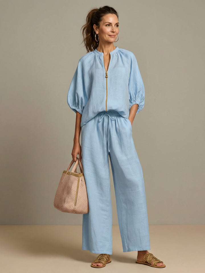 Fenndessa | Women's Linen Blend Zip-Front Top & Wide-Leg Pants Set