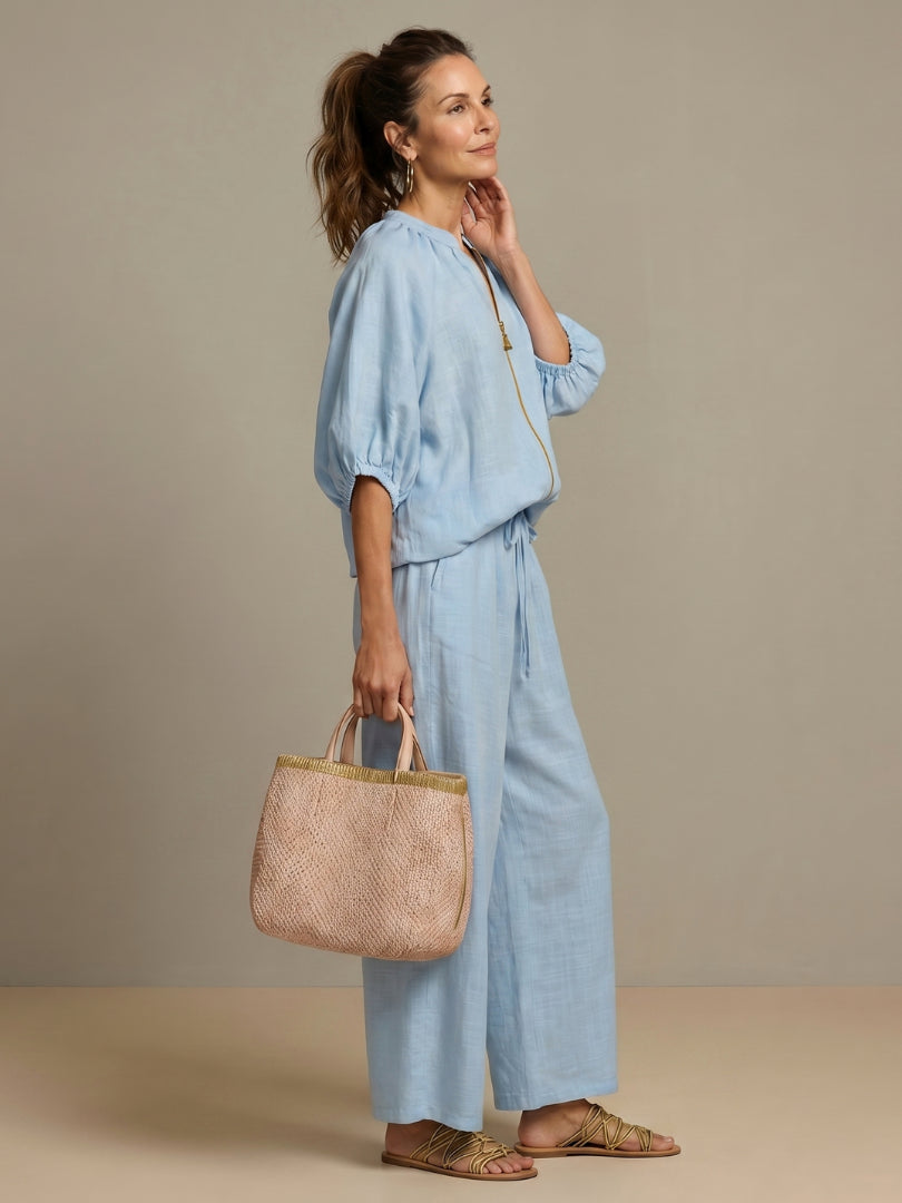Fenndessa | Women's Linen Blend Zip-Front Top & Wide-Leg Pants Set