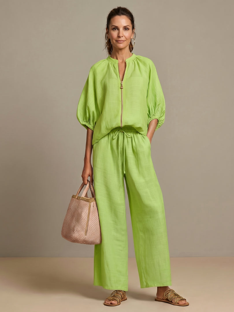 Fenndessa | Women's Linen Blend Zip-Front Top & Wide-Leg Pants Set
