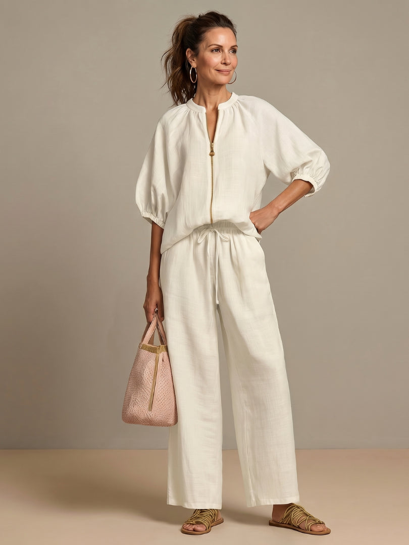 Fenndessa | Women's Linen Blend Zip-Front Top & Wide-Leg Pants Set