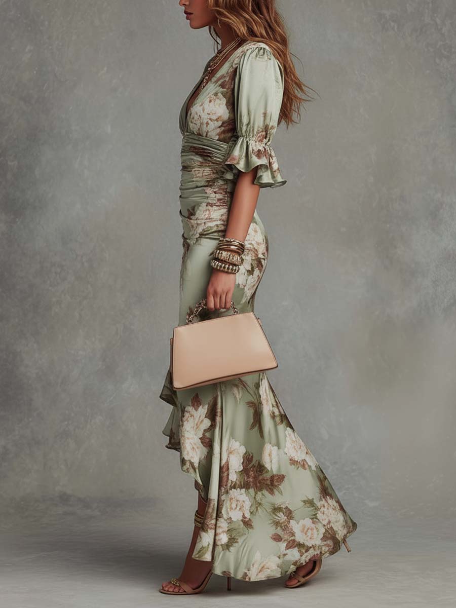 Fennetta | Women's Floral Ruched Fishtail Maxi Wedding Guest Dress