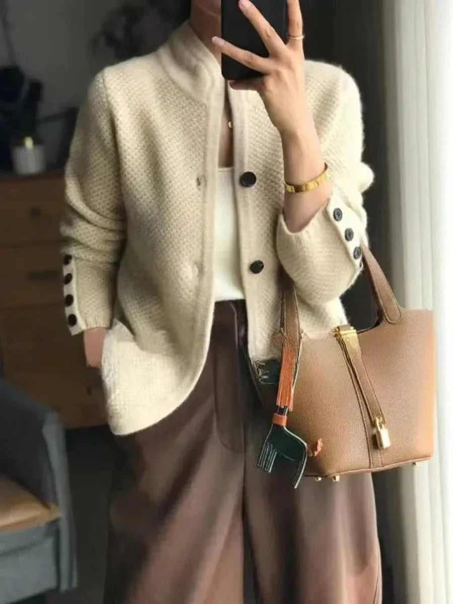 Fenriel | Women's Cozy Cashmere Wool Button-Front Knit Cardigan — Beige