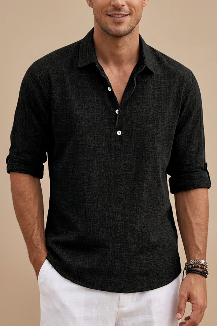 Ferdinand | Men's Button-Up Casual Men’s Linen Long Sleeve Polo Shirt — Black