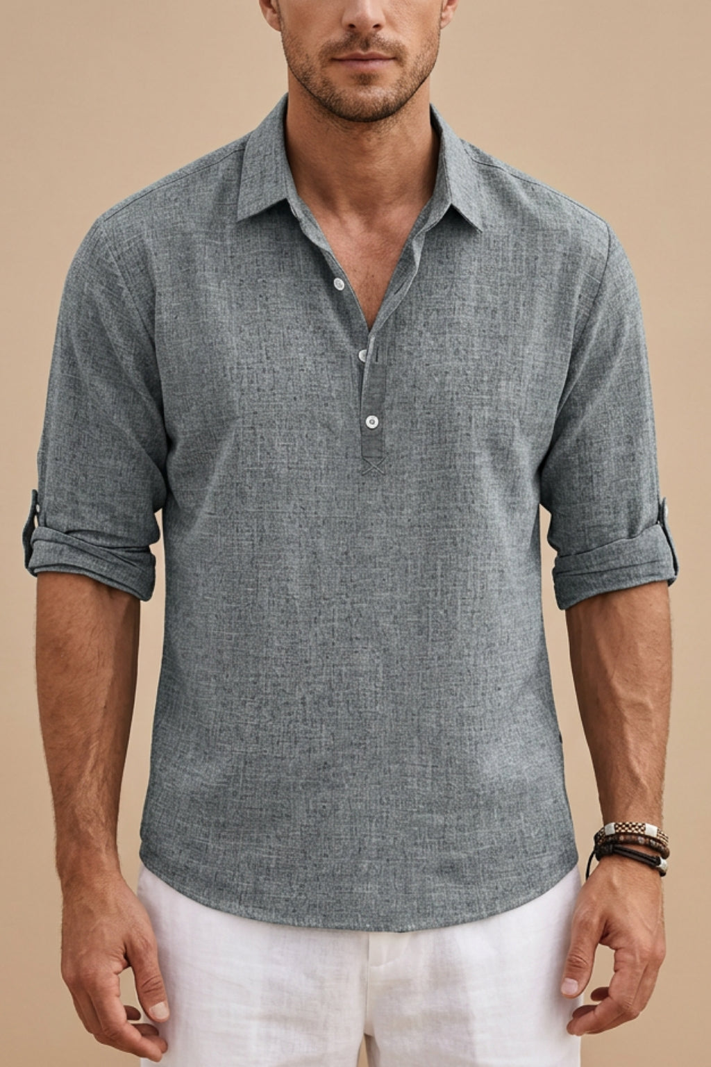 Ferdinand | Men's Button-Up Casual Men’s Linen Long Sleeve Polo Shirt — Gray