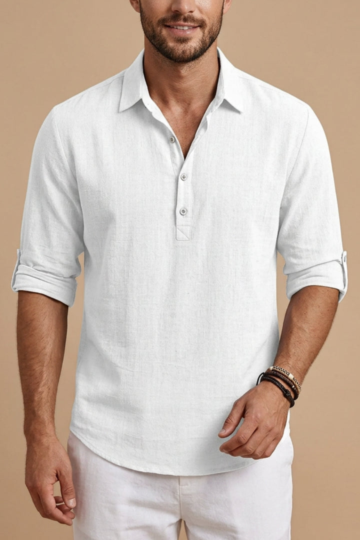 Ferdinand | Men's Button-Up Casual Men’s Linen Long Sleeve Polo Shirt — White