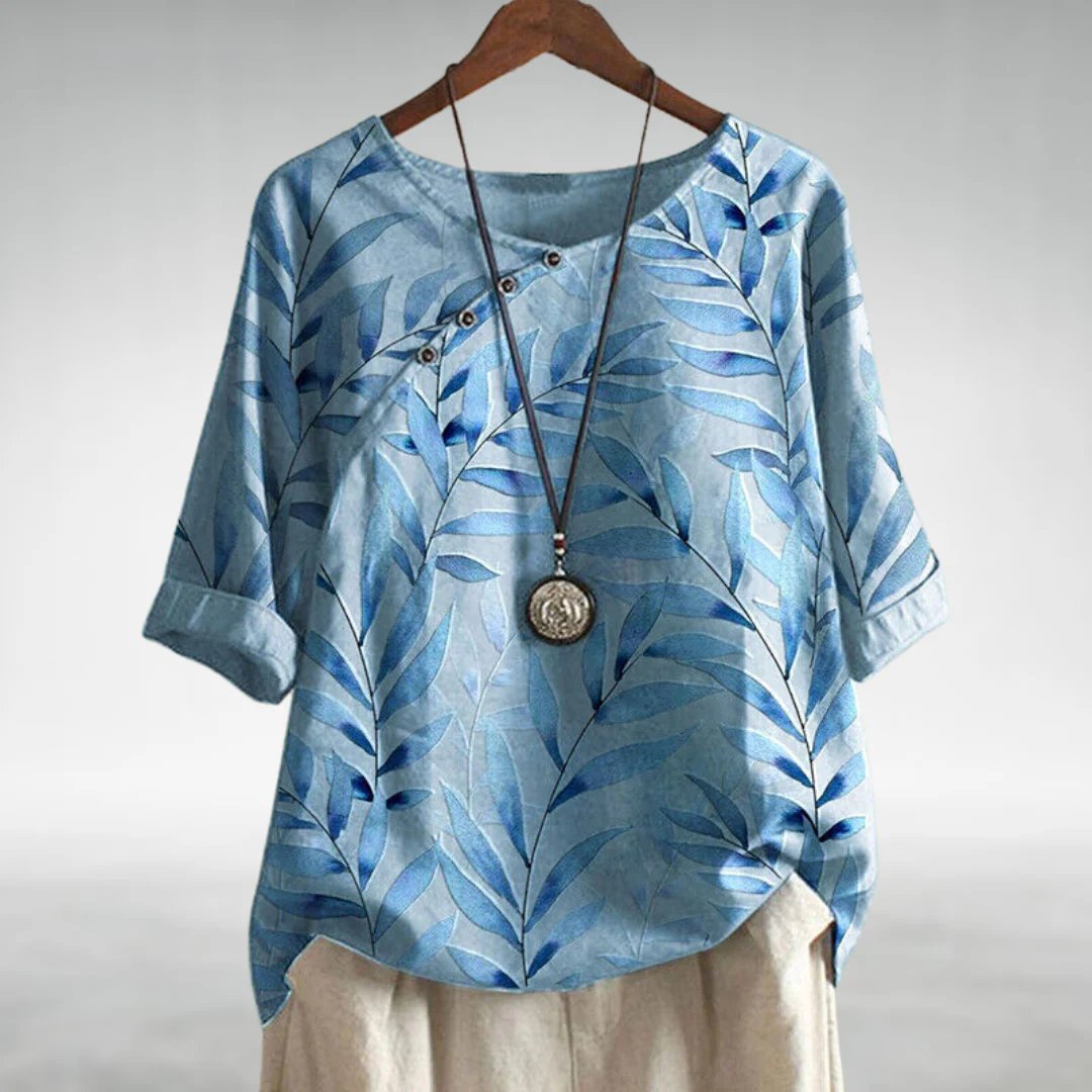 Filomena | Women's Linen Casual Printed 3/4 Sleeve Blouse — Blue