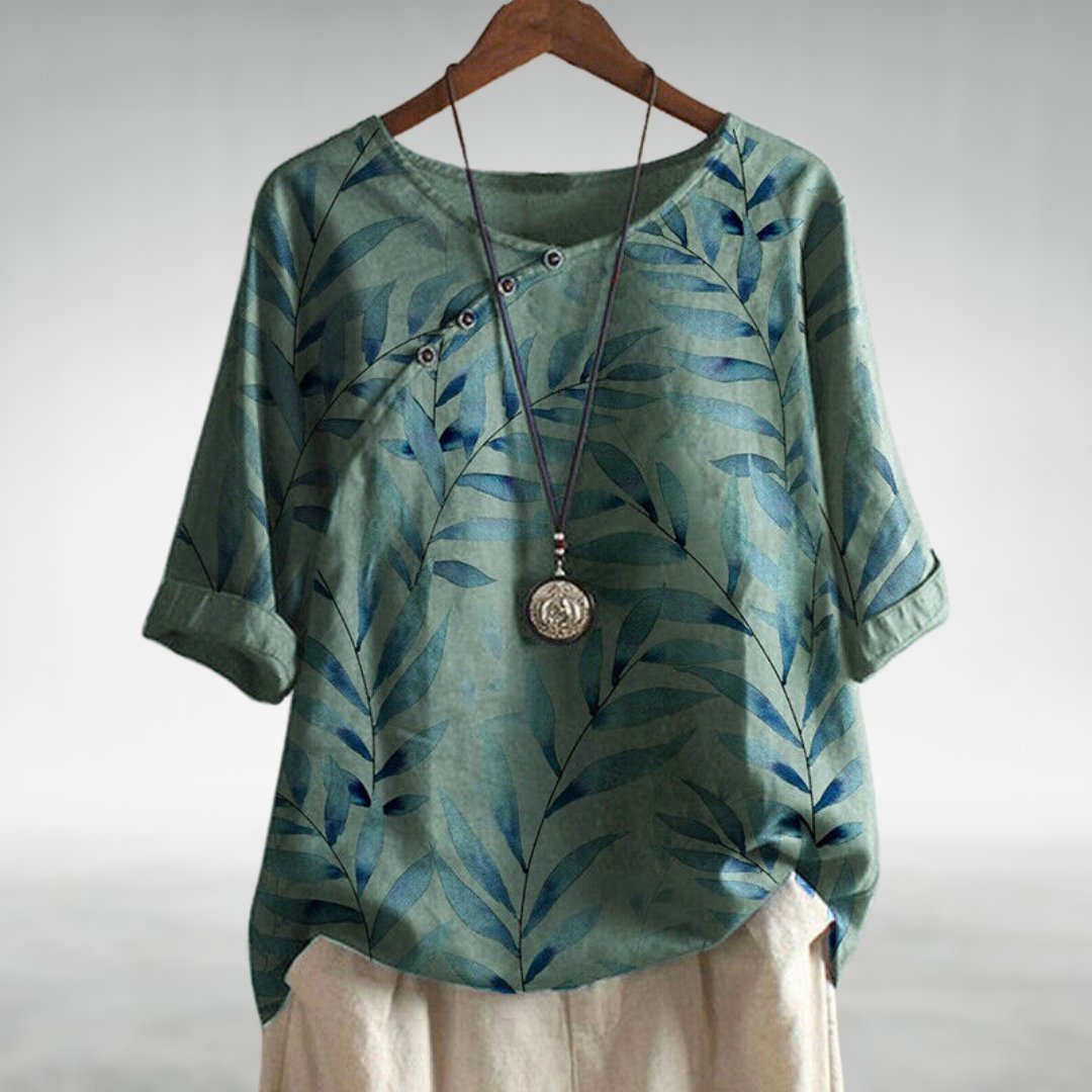 Filomena | Women's Linen Casual Printed 3/4 Sleeve Blouse — Green
