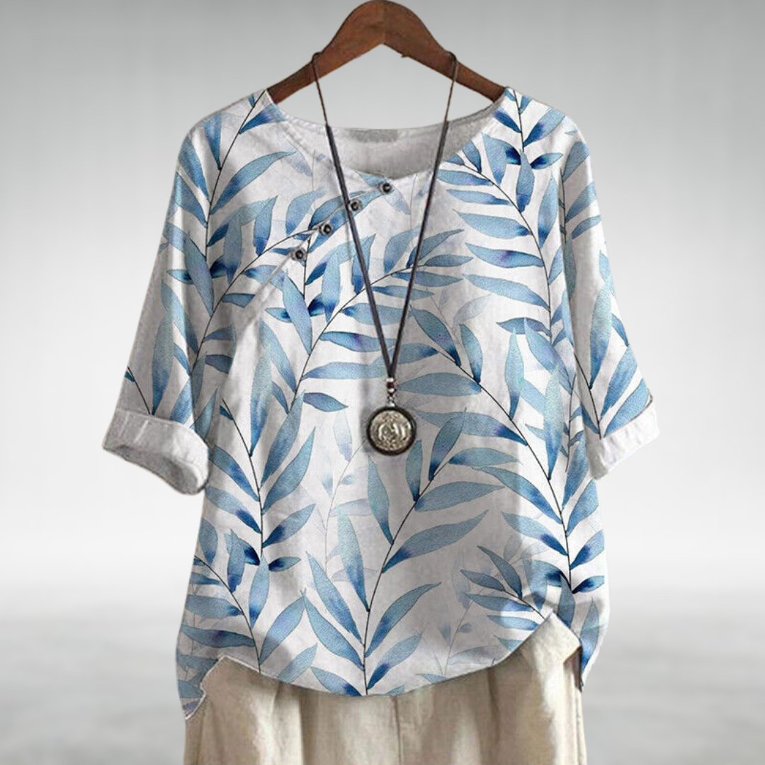 Filomena | Women's Linen Casual Printed 3/4 Sleeve Blouse — White