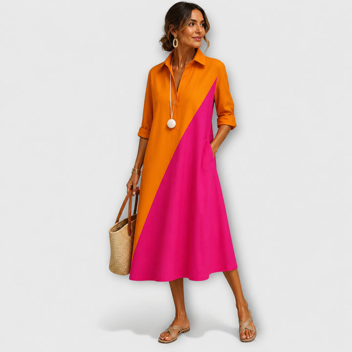 Fioanthe | Women's Elegant Color Block Collared Midi Dress with Pockets — 1