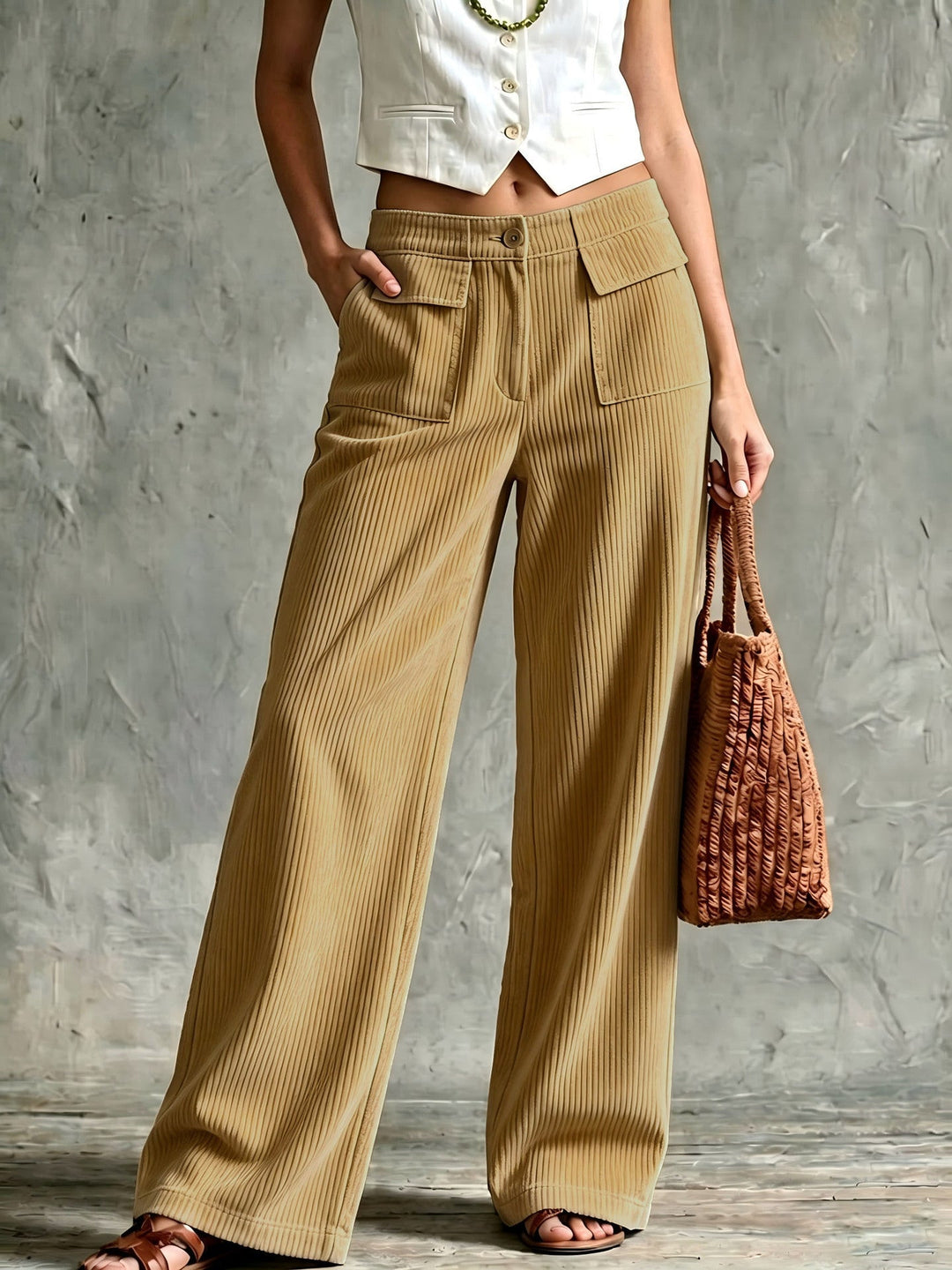 Fioaria | Women's Wide-Leg Corduroy Pants — Khaki
