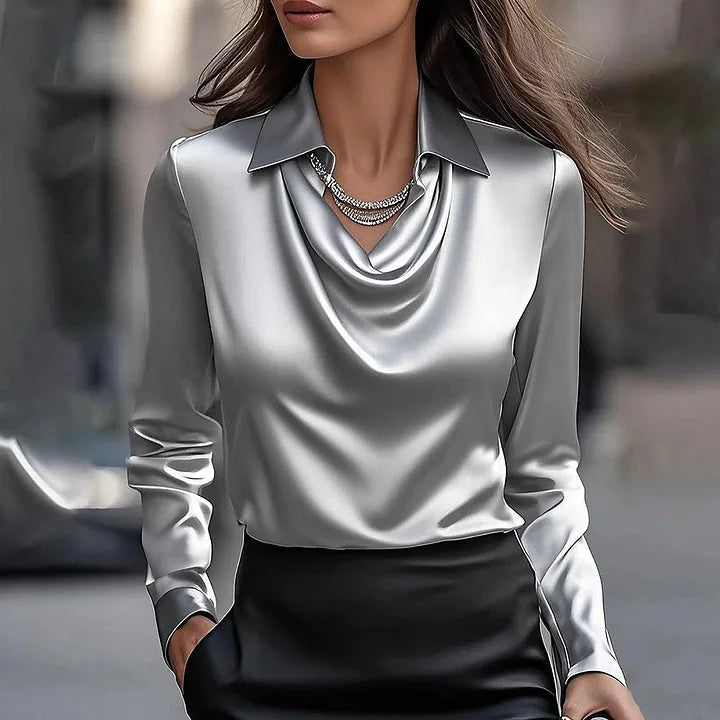 Fioria | Women's Linen Casual Luxe Satin Blouse With Soft Neckline — Gray