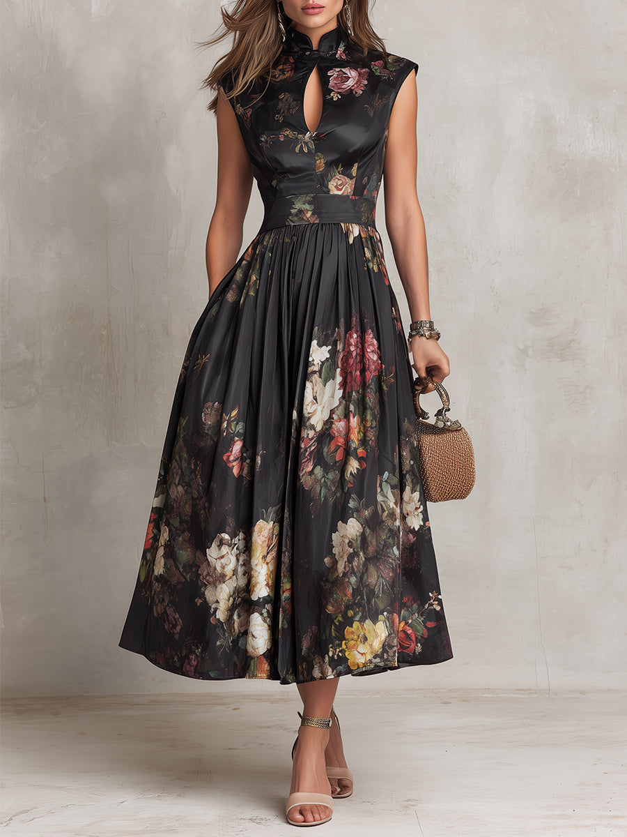 Fiothea | Women's Keyhole Collar Floral Pleated Satin Midi Dress