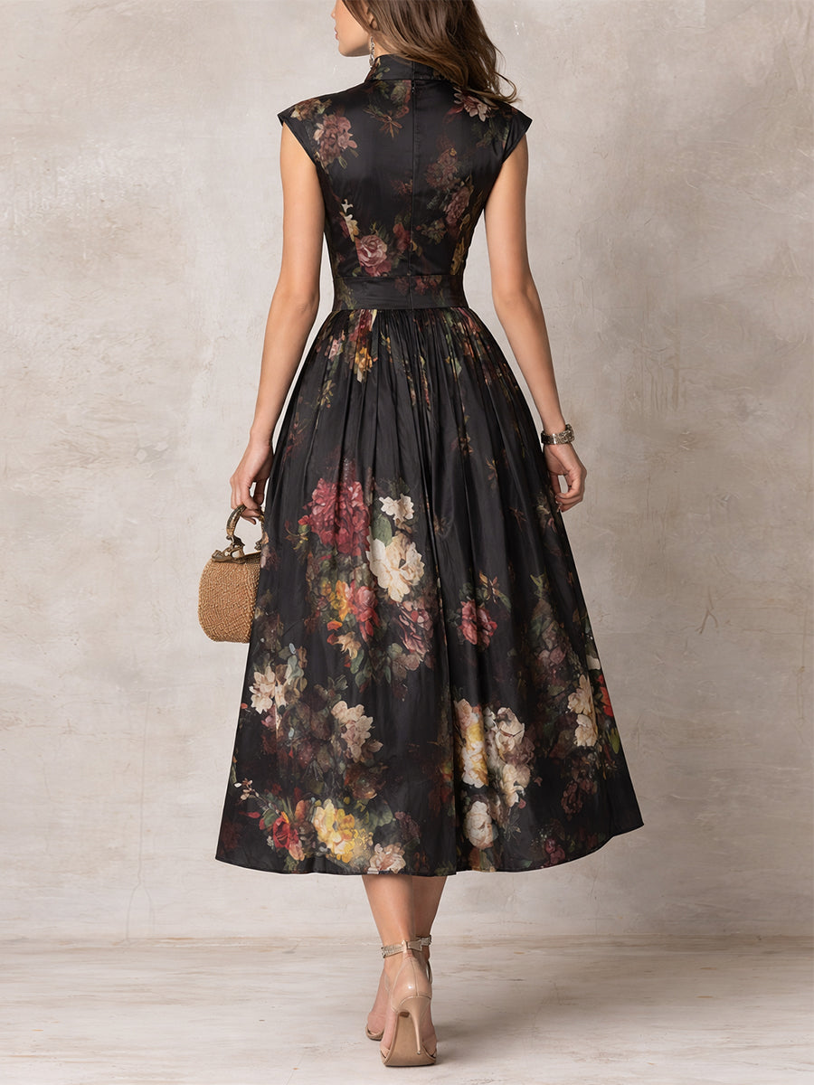 Fiothea | Women's Keyhole Collar Floral Pleated Satin Midi Dress