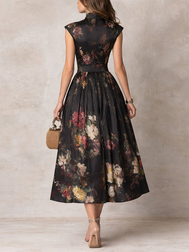 Fiothea | Women's Keyhole Collar Floral Pleated Satin Midi Dress