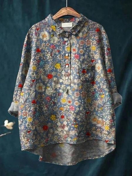 Colorful floral button front top with relaxed casual silhouette.