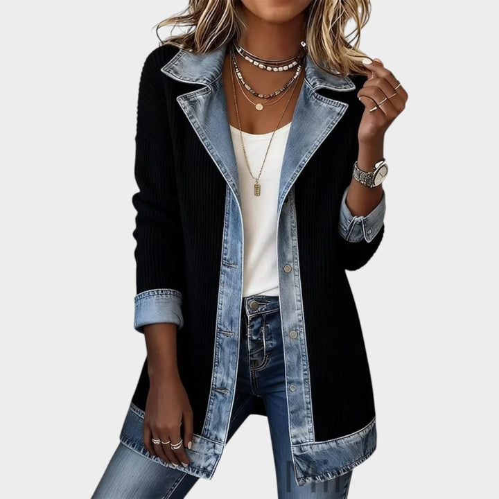 Galiariel | Women's Cozy Knit Cardigan Button Front Denim Ribbed — Black