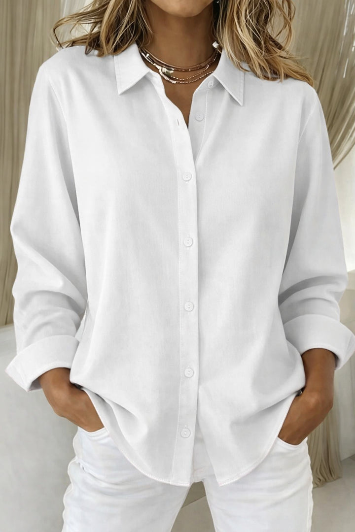 Geraldine | Women's Linen Casual Elegant Collared Blouse — White