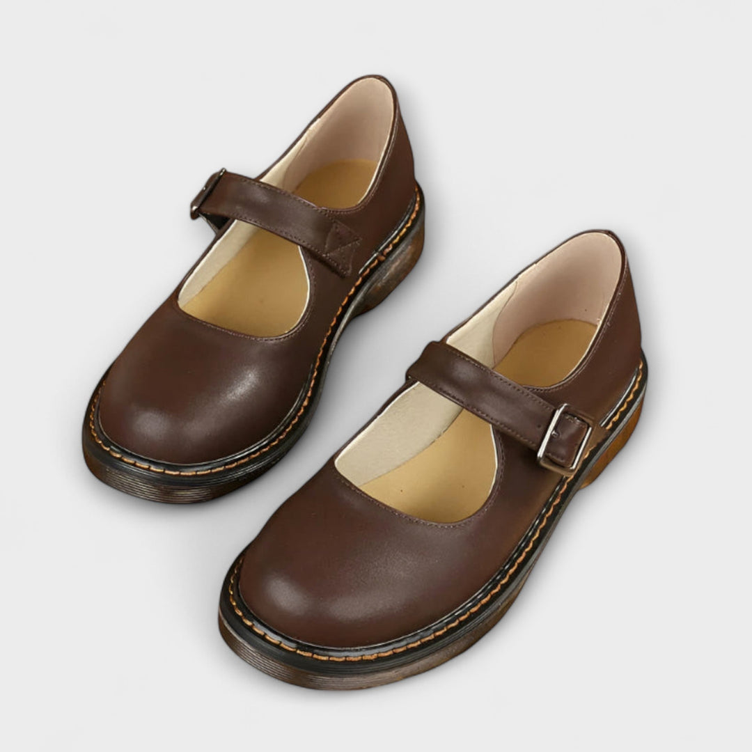 Giaana | Women's Comfort Slip-On Buckle Strap Rounded Toe Flats — Brown
