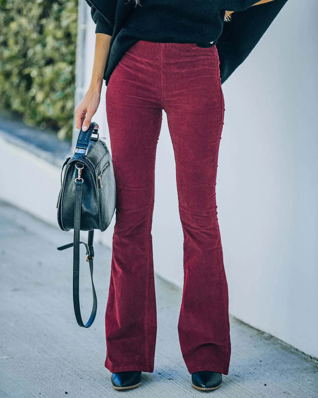 Giathea | Women's Wide-Leg High-Rise Corduroy Flared Trousers — Burgundy