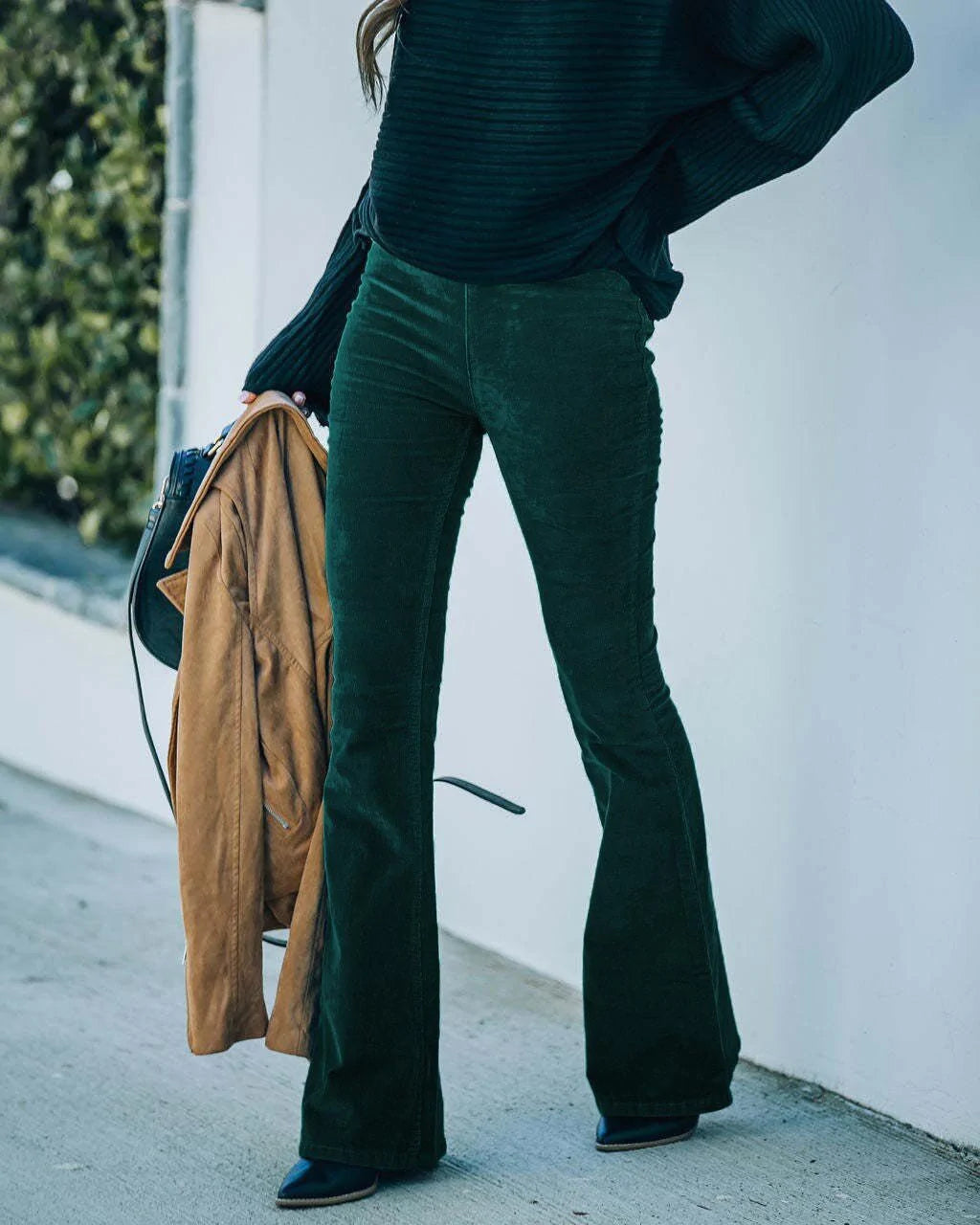 Giathea | Women's Wide-Leg High-Rise Corduroy Flared Trousers — Dark Green