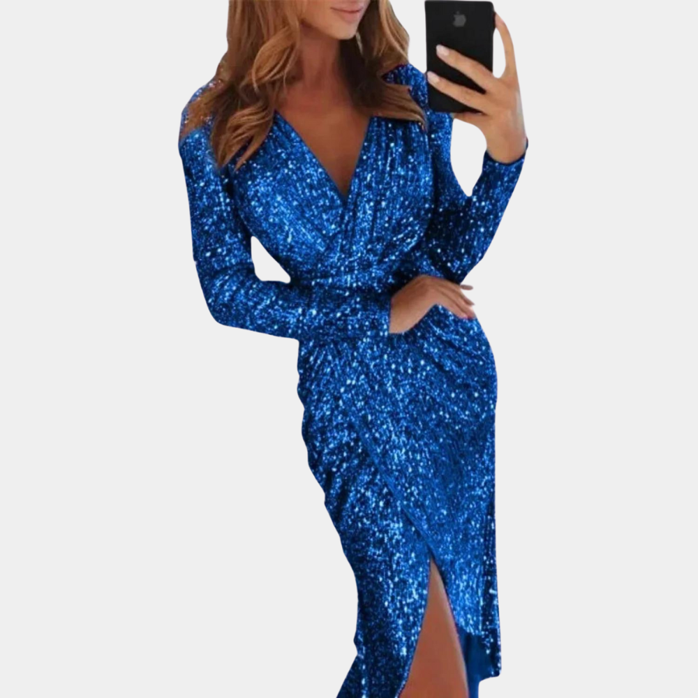 Giawynn | Women's Elegant Sequin Side Slit Dress – Fitted Sparkle Cocktail Dress — Blue