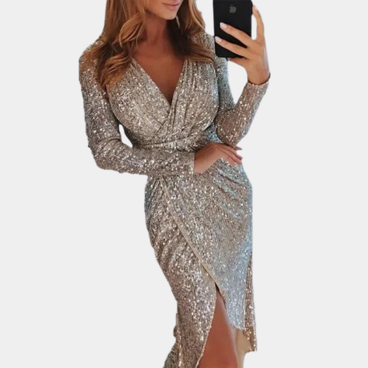 Giawynn | Women's Elegant Sequin Side Slit Dress – Fitted Sparkle Cocktail Dress — 1