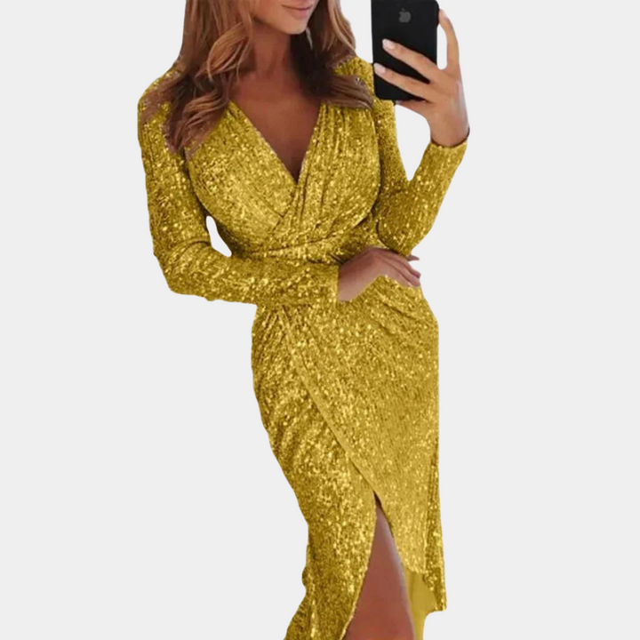 Giawynn | Women's Elegant Sequin Side Slit Dress – Fitted Sparkle Cocktail Dress — 2