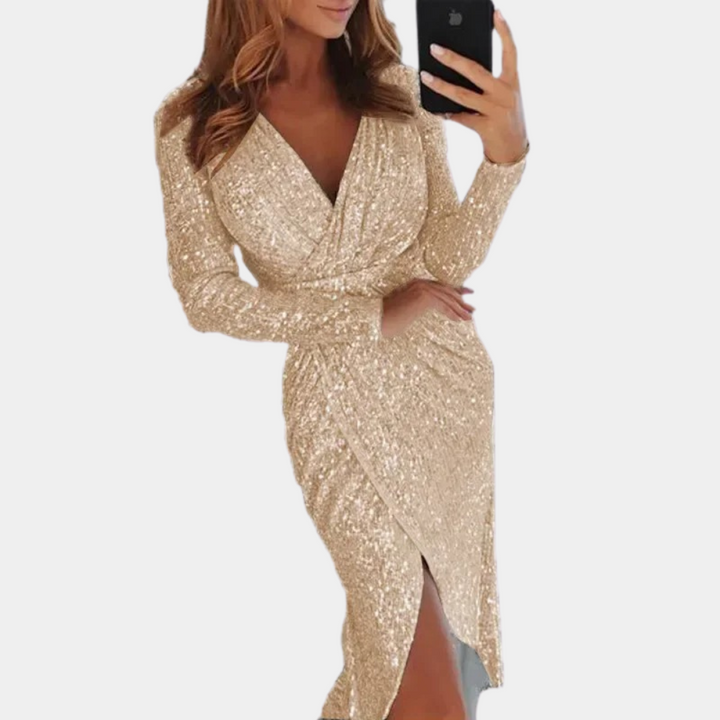 Giawynn | Women's Elegant Sequin Side Slit Dress – Fitted Sparkle Cocktail Dress — Champagne
