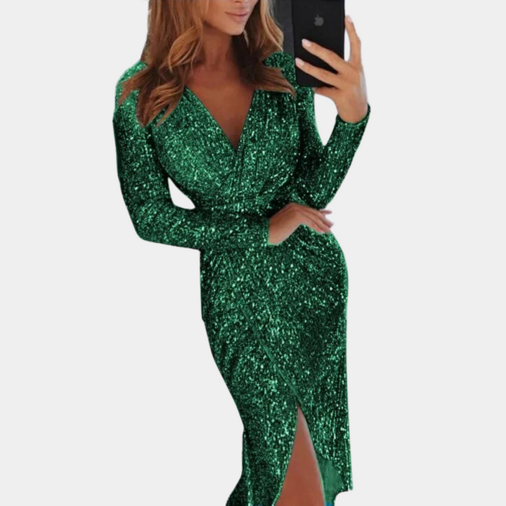 Giawynn | Women's Elegant Sequin Side Slit Dress – Fitted Sparkle Cocktail Dress — Green