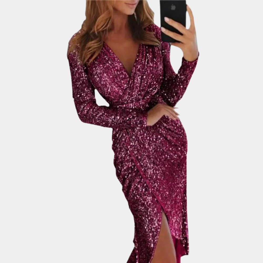 Giawynn | Women's Elegant Sequin Side Slit Dress – Fitted Sparkle Cocktail Dress — Purple