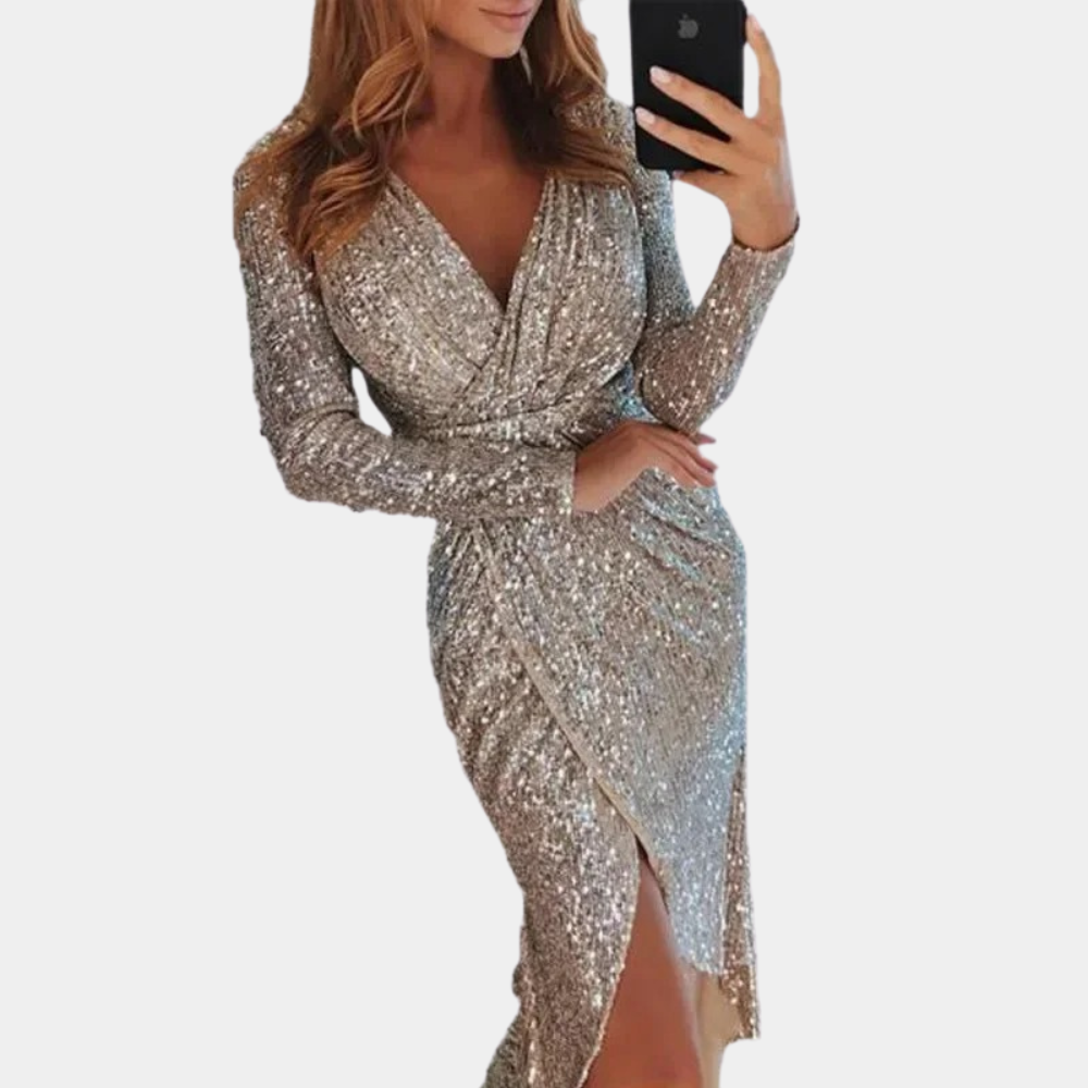 Giawynn | Women's Elegant Sequin Side Slit Dress – Fitted Sparkle Cocktail Dress — Silver