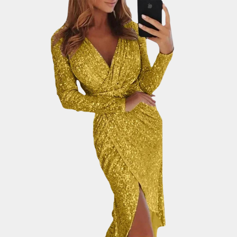 Giawynn | Women's Elegant Sequin Side Slit Dress – Fitted Sparkle Cocktail Dress — Yellow